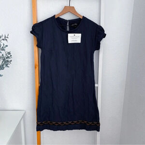 Vena Cava Short Sleeve Mini Dress Embroidered Beaded Hem Navy Blue Gauze Pockets